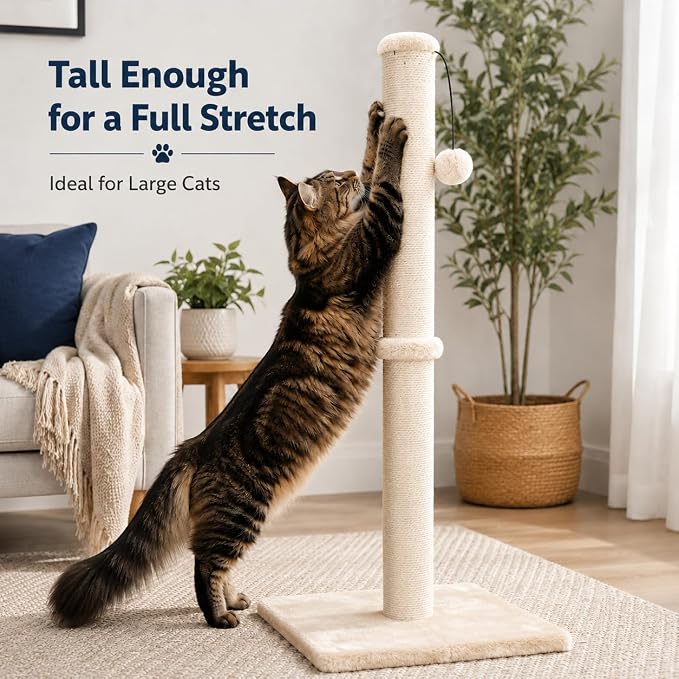 Dimaka 34" Height Tall Cat Scratching Post, Claw Scratcher with Sisal Rope and Covered with Soft Smooth Plush, Vertical Scratch [Full Strectch] Cats (Beige, 34 inches for Large Cats)