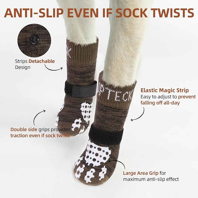 PUPTECK Anti-Slip Dog Socks with Double Sides Grips for Small Medium Large Dogs Hardwood Floors Prevents Licking, Dog Shoes for Hot Pavement Traction Control for Senior Dogs, Coffee Brown L