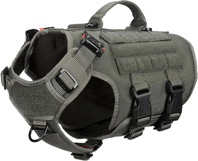 ICEFANG No Pull Tactical Dog Harness for Small Dogs,Adjustable Dog Vest | Control Handle,MOLLE Panel,Front Hook,3 Leash Clips,Soft Padded,for walking training,Green,Small