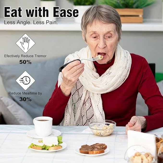 2.9oz Weighted Silverware for Hand Tremors, 45°Angled Adaptive Utensils for Elderly，4 Pack Parkinsons Utensils Aids for Weak Hand Grip, Arthritis (Right-Handed)