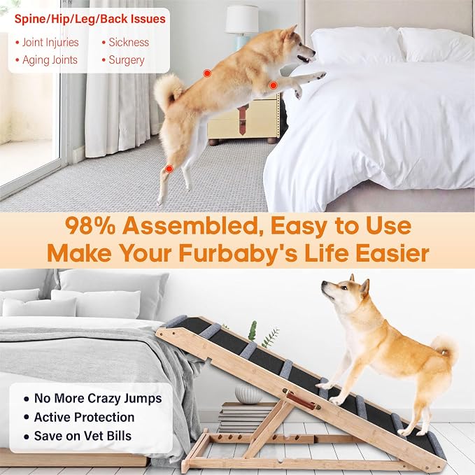 Dog Ramp for Bed - Extra Large, 18'' Wide, Gentle Slope Folding Pet Ramps for Small Large Senior Dogs to Get on High Couches & Cars, Non-Slip Rubber Surface, Holds 220lbs, 7 Adjustable Heights
