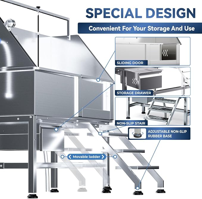 46" Dog Wash Station, 304 Stainless Steel, Side Stair, 440 lb | Storage Drawer, pet grooming tub, hot cold faucet, fixed sprayer, shampoo dispenser, S-trap, hair filter, garage outdoor use