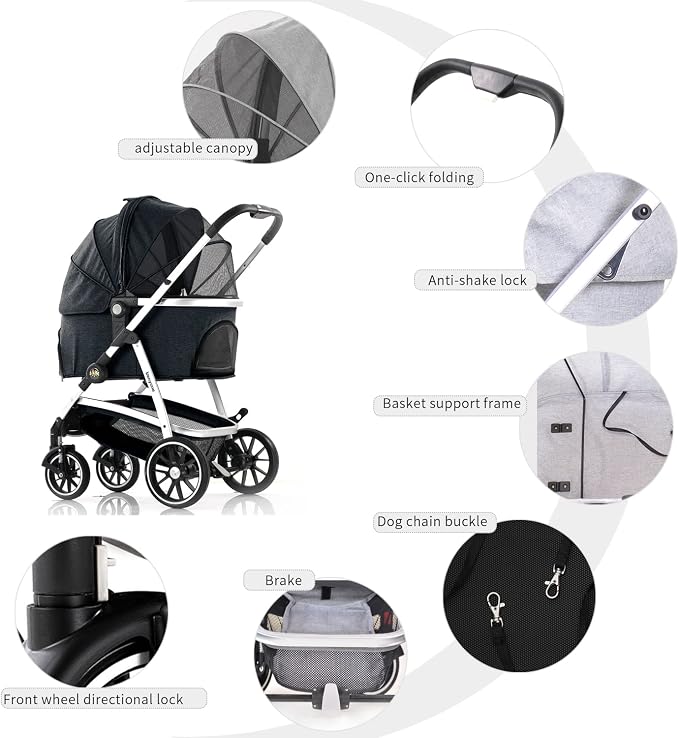 Kenyone Pet Stroller 3 in 1 Dog Stroller for Medium Small Size Dogs, Large Cat Stroller with Detachable Carrier for Puppies, Doggies, Kitties, Bunnies (C510 Navy)