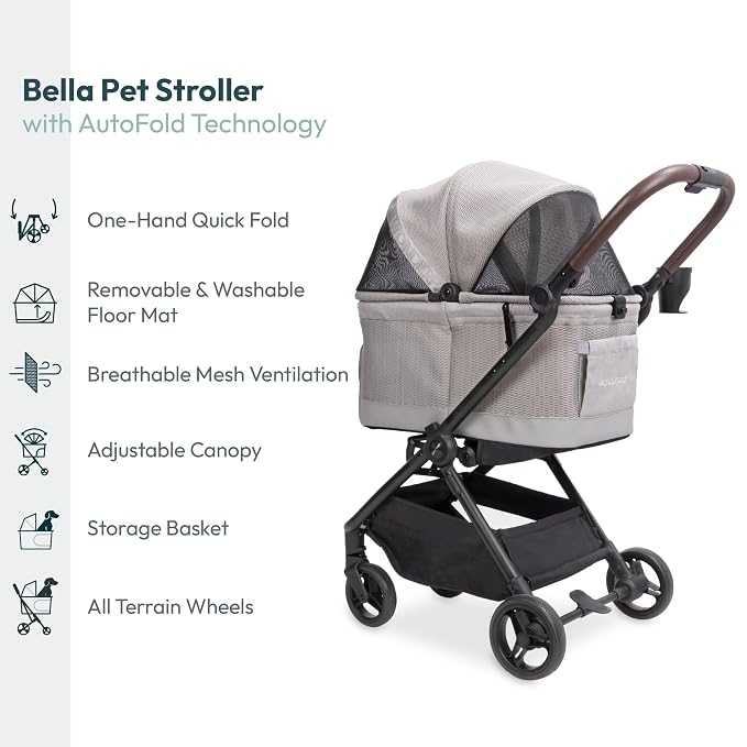 WonderFold Bella Pet Stroller for Small/Medium Pets - Autofold Technology: One-Hand Quick Fold - LIGHT GRAY