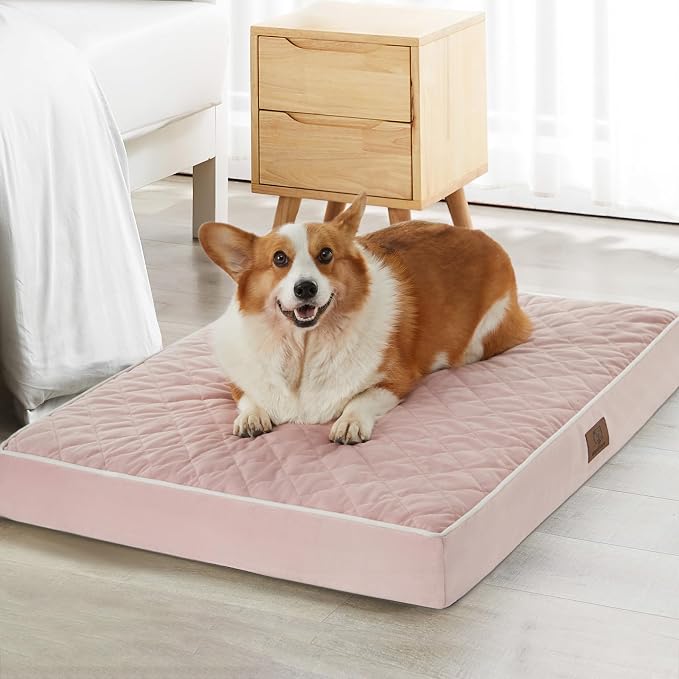 WNPETHOME Orthopedic Waterproof Dog Bed Medium for Comfy Sleeping | Washable Medium Pet Bed with Removable Cover, Multi-Needle Quilting Dogs Crate Bed Pink 30x20 Inch