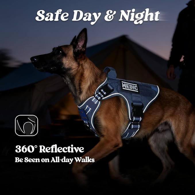 rabbitgoo Tactical Dog Harness for Medium, Heavy Duty Military No Pull Vest | Sturdy Metal Buckles, 5 Adjustments, Molle System, Powerful Pullers for Training, Hunting, Outdoor, Blue Reflex, Medium