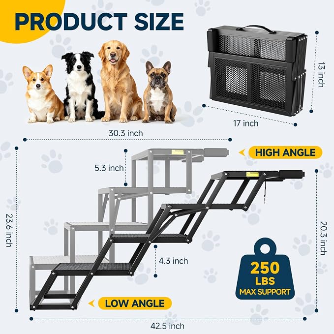 Dog Ramp for Car, Foldable Dog Steps for Car with Non-Slip Surface, Dogs Stairs for Cars, High Beds, Truck, Supports up to 250lbs, 4 Steps