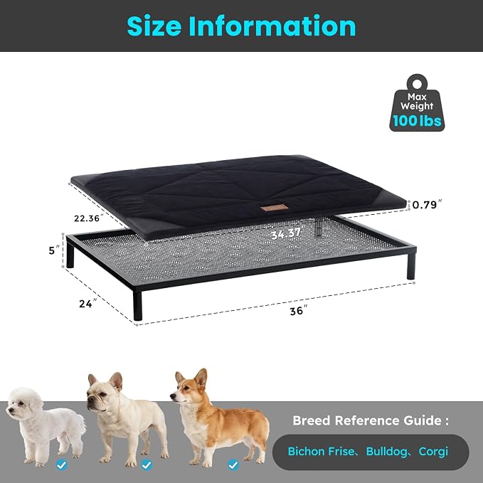 ZOMISIA Chew Proof Elevated Dog Bed for Medium Dogs, 36" x 24" x 5", Black | Indestructible Raised Pet Cot for Indoor & Outdoor Use, with Removable Waterproof Padded, Non-Slip & Washable, Easy to Clean