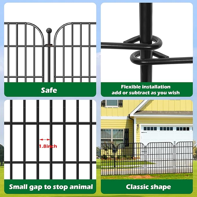 10 Panels Decorative Garden Fence with Gate for Outside, 32 in(H) X 23.6 ft(L) Rustproof Metal Wire Panel Border Fencing with Temporary Ground Stakes, No Dig Animal Barrier for Dog and Patio