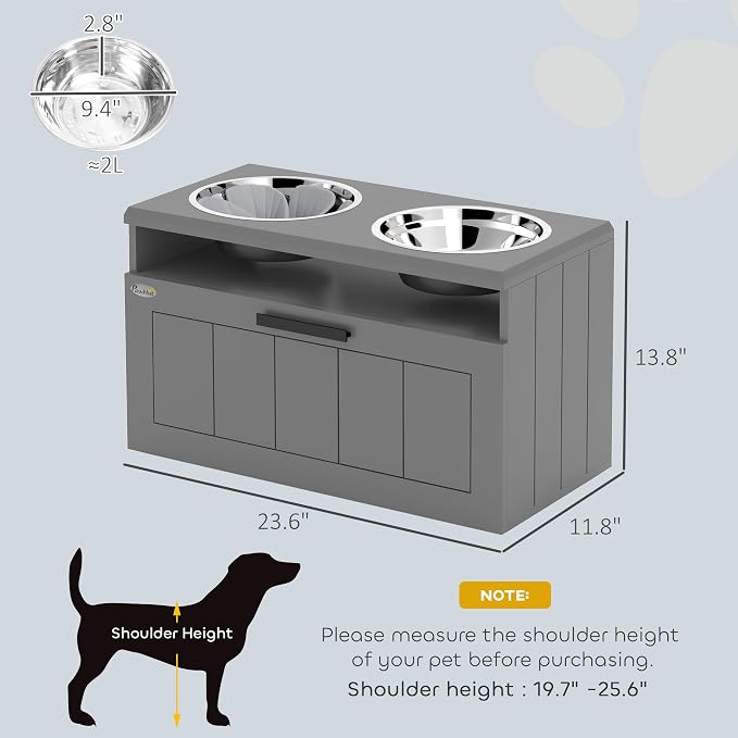 PawHut Elevated Dog Bowls Raised Dog Feeder with Storage Gray | 2 Stainless Steel Bowls, Slow Feeder Mat, Feeding Station, Large Extra Large Breeds