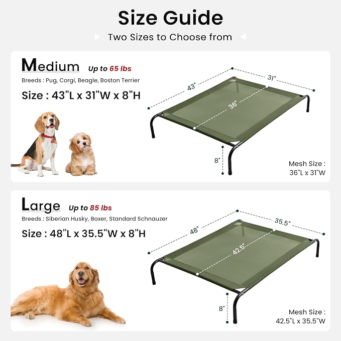 Love's cabin Elevated Cooling Dog Bed for Medium Dogs, Portable Indoor & Outdoor Raised Pet Dog Cat Cot, Durable Summer Frame with Breathable Mesh, Olive Green, 43" x 31.5" x 8"