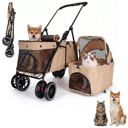 Foldable Double Pets Stroller for Dog Portable Cat Strollers for Small Medium Pet with One Detachable Carrier Flexible Lockable Wheels Lightweight Dogs Jogger (Khaki)