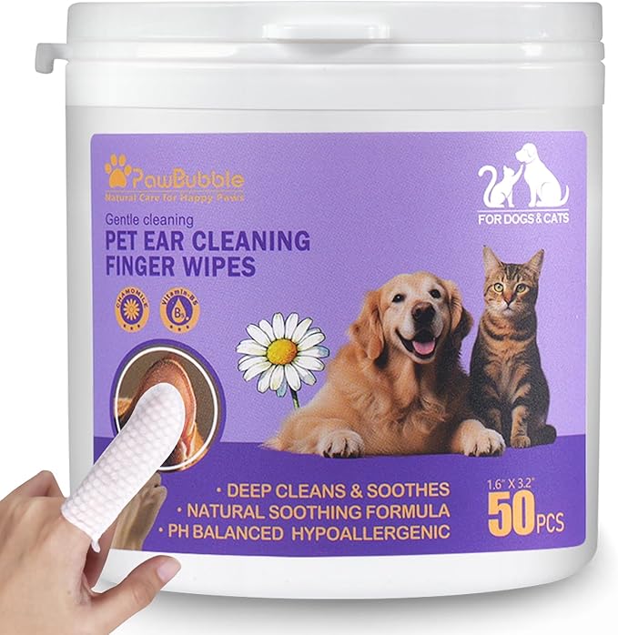 PawBubble Ear Wipes for Dogs and Cats, Dog Ear Finger Wipes, Gentle Ear Cleaner for Wax, Dirt & Odor, Relieves Discomfort & Soothes Ears, Non-Irritating, 50 Count