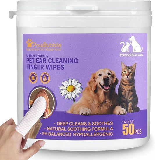 PawBubble Ear Wipes for Dogs and Cats, Dog Ear Finger Wipes, Gentle Ear Cleaner for Wax, Dirt & Odor, Relieves Discomfort & Soothes Ears, Non-Irritating, 50 Count