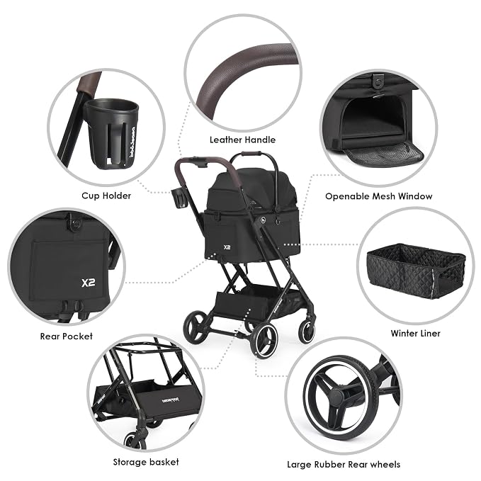 X2 Pet Stroller, Dog Cat Stroller for Small Pets with Detachable Carrier, Lightweight Foldable Cat Carrier Dog Car Seat for Puppy Doggy up to 44lbs, Canopy and Waterproof Pad, Black
