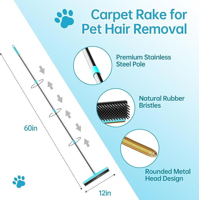 Carpet Rake 60" Long Handle, Pet Hair Remover, Carpet Broom, 3Pcs | Metal Fabric Edge, Carpet Scraper, Rug Rake, Pet Hair Broom, Carpets, Rugs, Mats, Couch, Stairs, Pet Hair Removal Tool