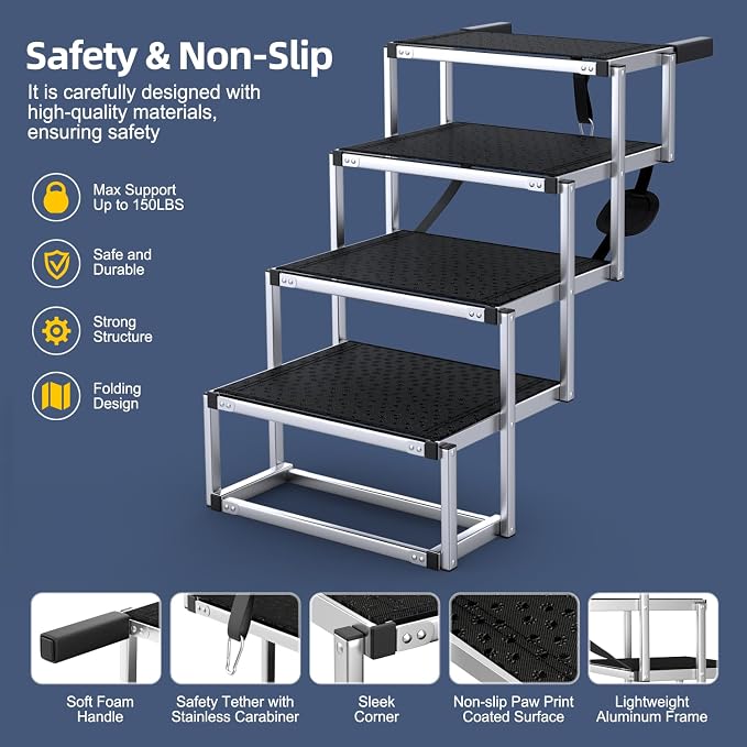 Foldable Dog Stairs for Car, 17" Aluminum Dog Steps for Car 4 Steps | Collapsible Dog Ramp for Car with Non-Slip Surface, Portable Pet Ramps Stairs SUV, High Beds, Truck, Supports up to 200 lbs