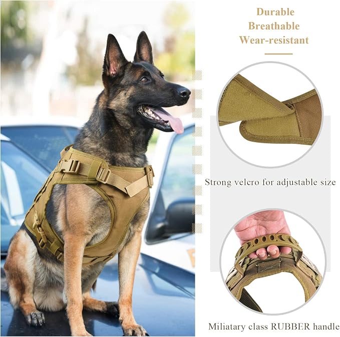 Tactical Dog Vest Harness, Outdoor Training Service Dog Vest Adjustable Military Working Dog Vest with Molle System and Rubber Handle (XL=26.8"-30.7" Chest (Adjustable), Khaki)