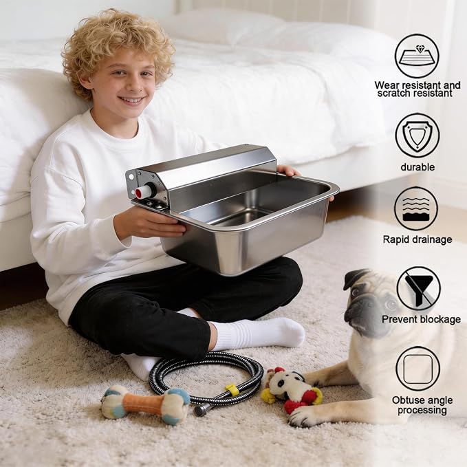 Automatic Dog Water Dispenser 2 Gallons, 304 Stainless Steel Dog Water Bowl for Indoor/Outdoor, Large Water Bowl for Pets & Livestock, Anti Tip, Wide Mouth, Water Auto Fill, Fit GHT 3/4" Faucet