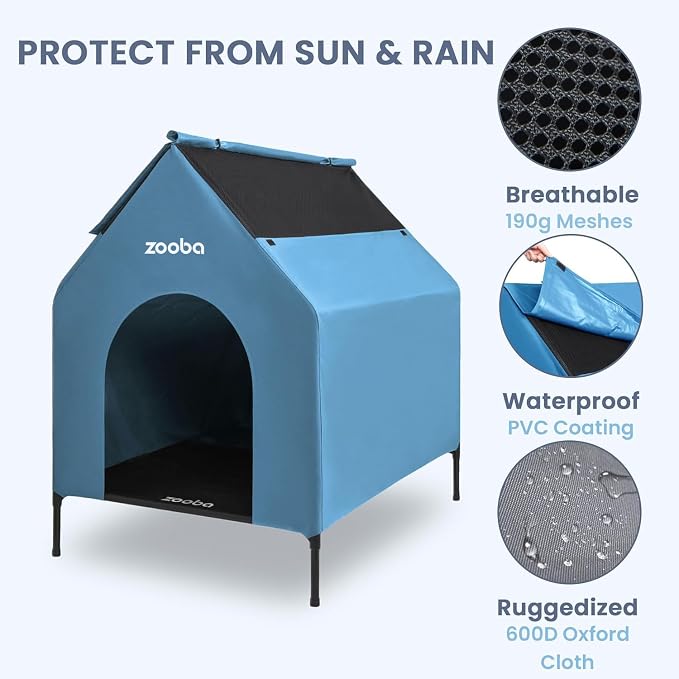 Zooba 29in Medium Dog House Outdoor, Elevated Dog Bed with Canopy, Blue | Weather-resistant 600D PVC canopy, breathable 2x1 Textilene elevated bed, steel frame; indoor or outdoor; easy to clean
