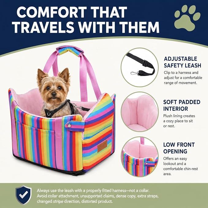 Console Dog Car Seat for Small Dogs to 15lbs (Rainbow Stripes) | Center Console Puppy Booster and Portable Travel Bed, Anti-Collapse Design with Washable Fluffy Cushion