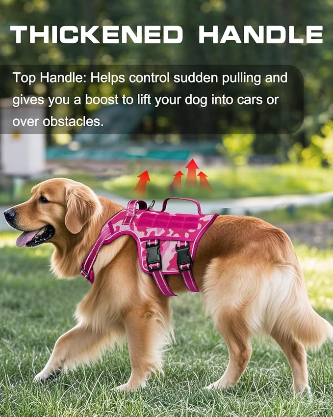 Dog Harness Medium Sized Dog, No Pull Dog Vest with Molle System | Tactical, Easy Control With Handle, Breathable Soft Padded, Adjustable, Reflective, No Choke for Walking, Pink Camo Medium