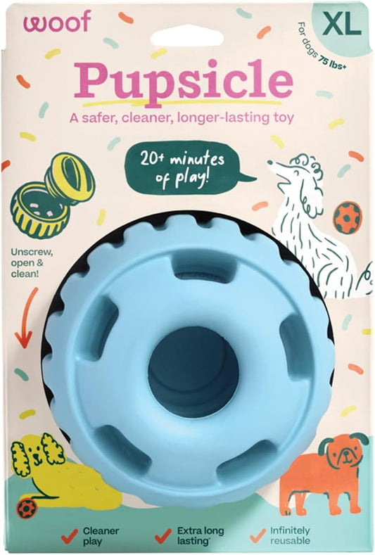 WOOF Pupsicle Interactive Dog Ball Toy for Dogs XL 75 lbs & Up - Blue | Long-lasting enrichment toy for extra-large dogs, easy-fill design, low-mess play, made of natural rubber, easy to clean