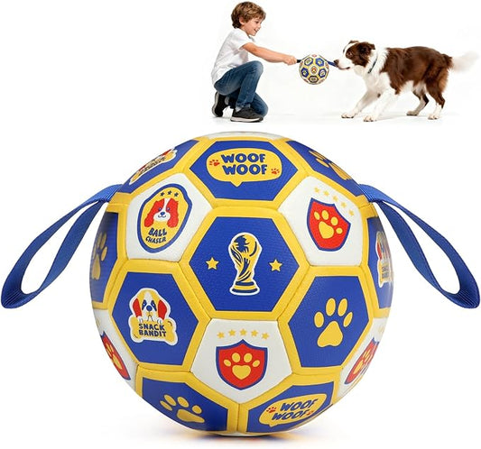 Vivifying Dog World Cup Soccer Ball Toy, 7 Inch Floatable Interactive Dog Toy for Medium Large Dogs, Durable PU Enrichment Ball with Nylon Straps for Outdoor Fetch, Training & Playing