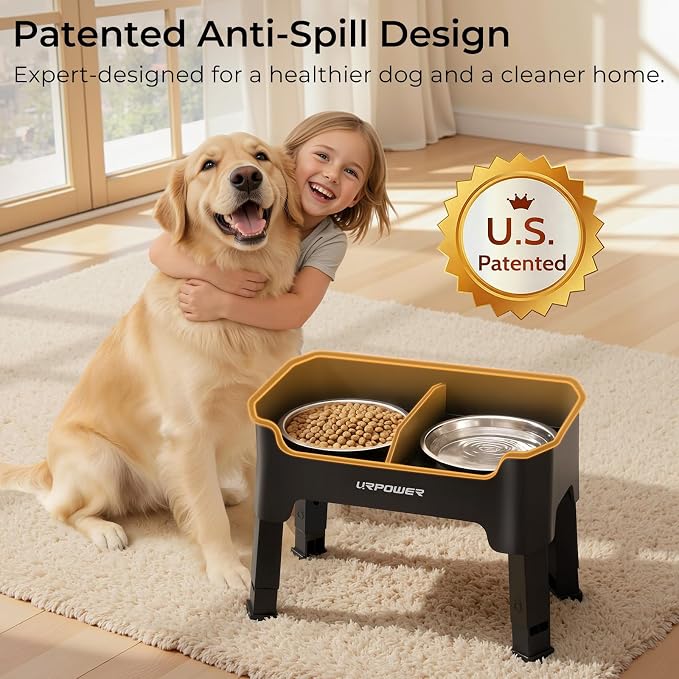 URPOWER Mess Proof Elevated Dog Bowls, Splash Guard Raised Bowl Stand | 4 Adjustable Heights, 2 Stainless Steel Bowls, Food & Water Separation, Foldable Design Non-Slip for Small Medium Large Dogs
