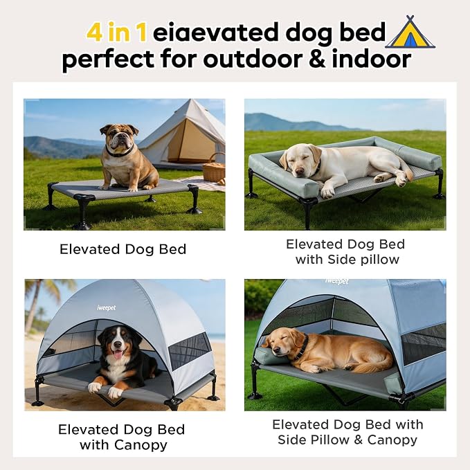 iweepet 4 in 1Elevated Dog Cot with Removable Canopy & Bolster Pillows for Extra Large Dog,Cooling Raised Outdoor Dog Bed with Breathable Teslin Mesh,Carry Bag for Camping,Patio, Backyard, 52''