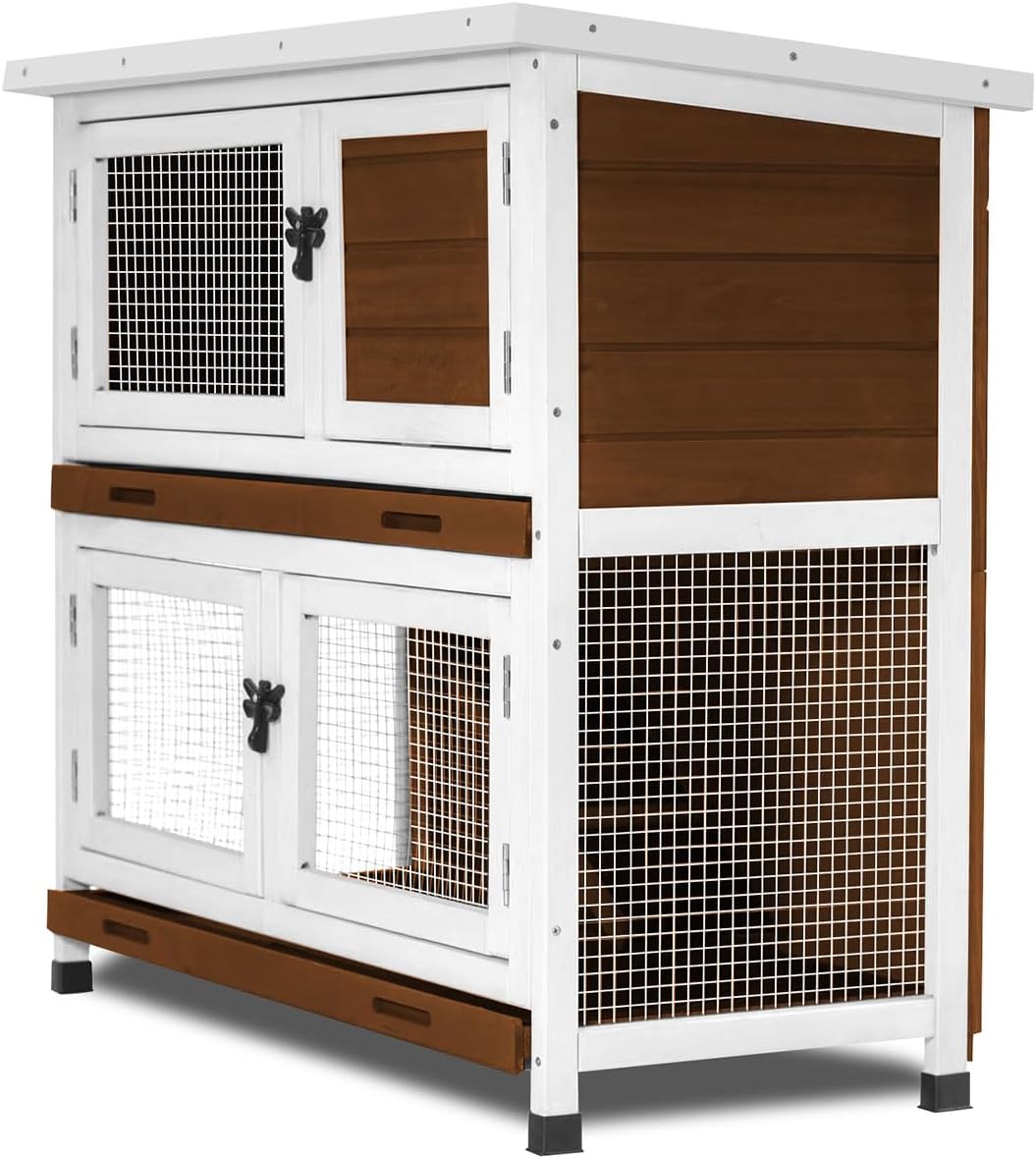 2 Story Rabbit Hutch, Indoor Outdoor Bunny Hutch Solid Wood Rabbit Cage with Removable Trays, Waterproof Asphalt Roofs and Ventilation Door, Small Animal House for Rabbit Guinea Pig Ferret, Walnut