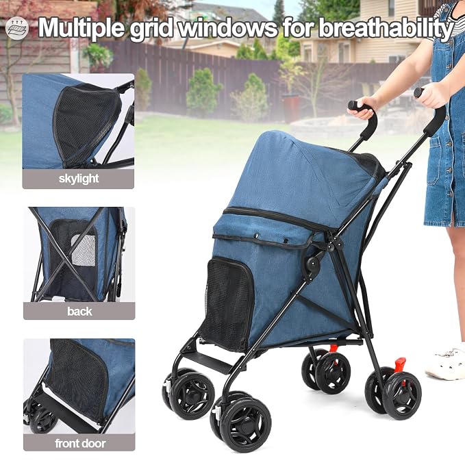 Pet Stroller for Small Dogs Medium Dogs 33lbs, Dog Pram Ultra Light - only 3.5 kg, Dog Stroller Pet Pram with 4 Wheel Foldable/Storage Basket/Cup Holder-P07 (Navy)