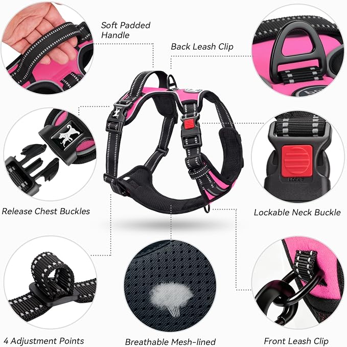 PoyPet No Pull Dog Harness Medium with Front Clip & Neck Release Buckle | No Choke, Adjustable Vest, Reflective, Back Clip, Lockable, Soft Padded, Easy Control Handle for Walking Training, M, Pink