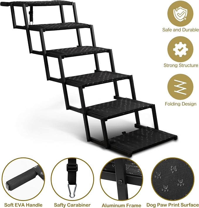 Dog Stairs for Car - Foldable Dog Ramps for Large Dogs with Non Slip Surface, Portable Dog Steps for Cars and SUV, Truck, Support Up to 200 Lbs, 6 Steps