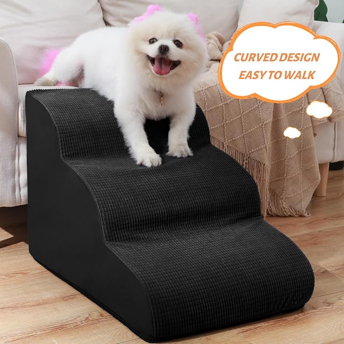 Aodisman Dog Stairs for Small Dogs and Cats,3-Step Pet Ramp for Couch,Chair | 15.7" H Non-Slip Sturdy Dog Steps with Curved Ramp for Senior,Short-Legged Dogs,Puppy and Cats to Reach Sofa or Chair,Black