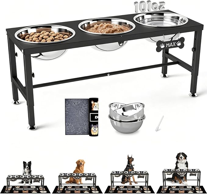 SHAINFUN Elevated Dog Bowl Stand for Large Dogs& Extra Large Dogs with 3 Bowls 101oz– 4 Adjustable Height Raised Pet Feeder with Anti-Spill Mat, Stainless Steel Food & Water Station