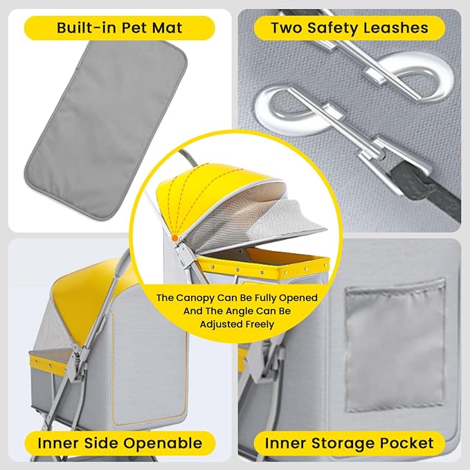 Dog Strollers for Small Medium Dogs 50 lbs,4 Wheels All-Terrain Cat Stroller,One-Click Folding Pet Stroller,Breathable Mesh,Storage Basket(Yellow)