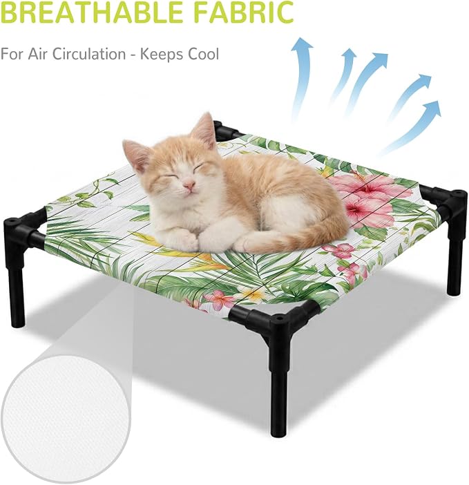 Outdoor Elevated Dog Bed for Small Dogs, Summer Hummingbirds Breathable Cooling Raised Dog Cot for Indoor/Outdoor, Farmhouse Floral Palm Leaves Wooden Waterproof Elevated Pet Beds, S 20 x 20 in