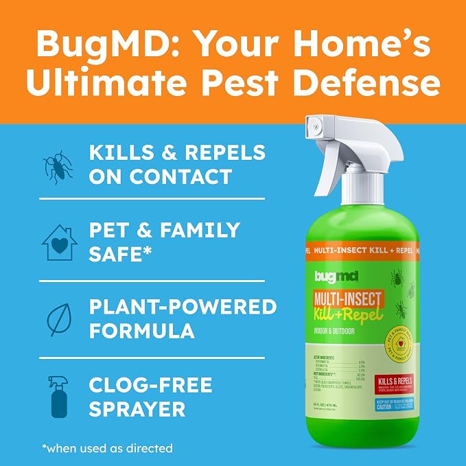 BugMD Pet Safe Multi-Insect Killer & Repellent | Peppermint Oil Spray for Spiders, Ants & Roaches | Indoor & Outdoor Bug Spray (Pack of 2)