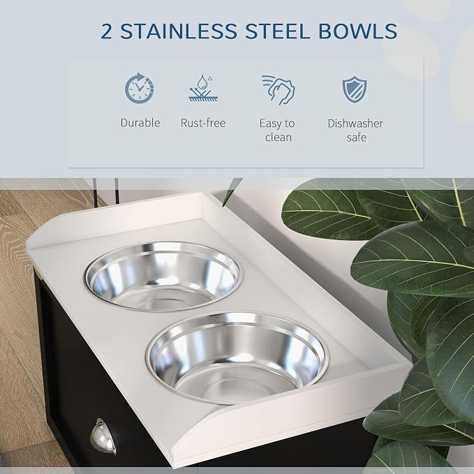 PawHut Dog Feeding Station with Storage Drawer, Elevated Dog Bowls for Large Dogs, White and Black | 2 Removable Elevated Pet Bowls, for Large Sized Breeds