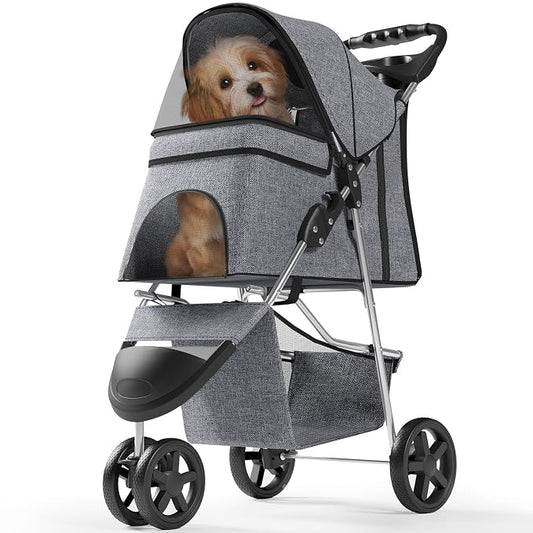 OS MOTOR 3 Wheels Pet Stroller for Small Medium Pets, Gray | Foldable Carrier Jogger, Rear Wheel Breaks, Storage Basket, Visible Mesh Weather Cover, Portable, Dog, Cat, Puppy, Kitty