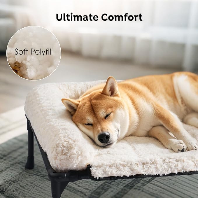 Veehoo Orthopedic Elevated Dog Bed Add Removable Deluxe Rose Plush Bolster Cushion Mat, 59" x 37" Washable Dog Couch Bed, Raised Pet Cot with Breathable Teslin Mesh, No-Slip Feet, White, CWC2439B