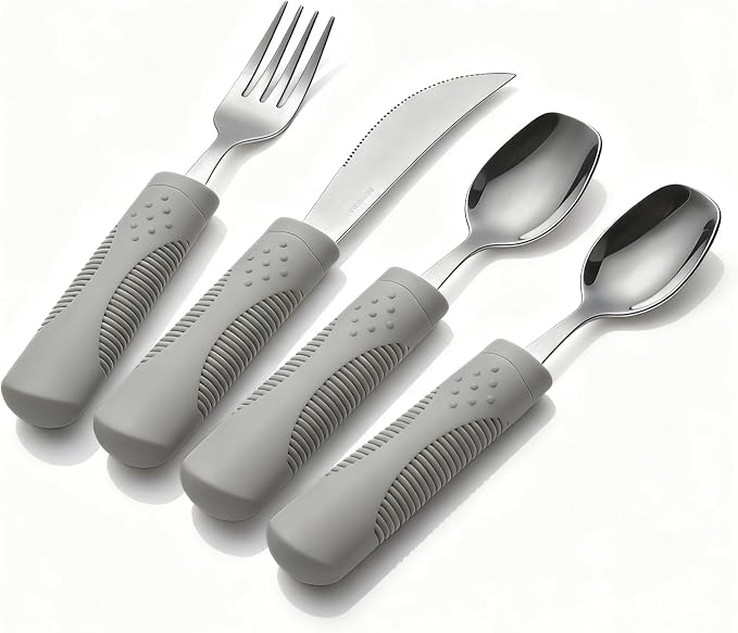4-Piece Weighted Adaptive Utensils Set with Rocker Knife & Shovel Spoon - 3 oz Weighted Silverware for Hand Tremors, Parkinsons Utensils, Easy Grip Handles for Arthritis and Elderly (Grey)