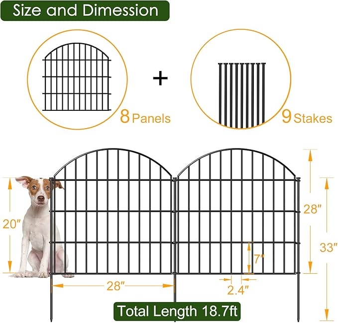 FOREHOGAR Metal Garden Fence 28in (H) x 18.7ft (L), 8 Panels + 9 Stakes Dog Fence Border Fence Animal Barrier, No Dig Garden Fencing for Yard Flower Bed Lawn Patio Outdoor, CTW2829 Black