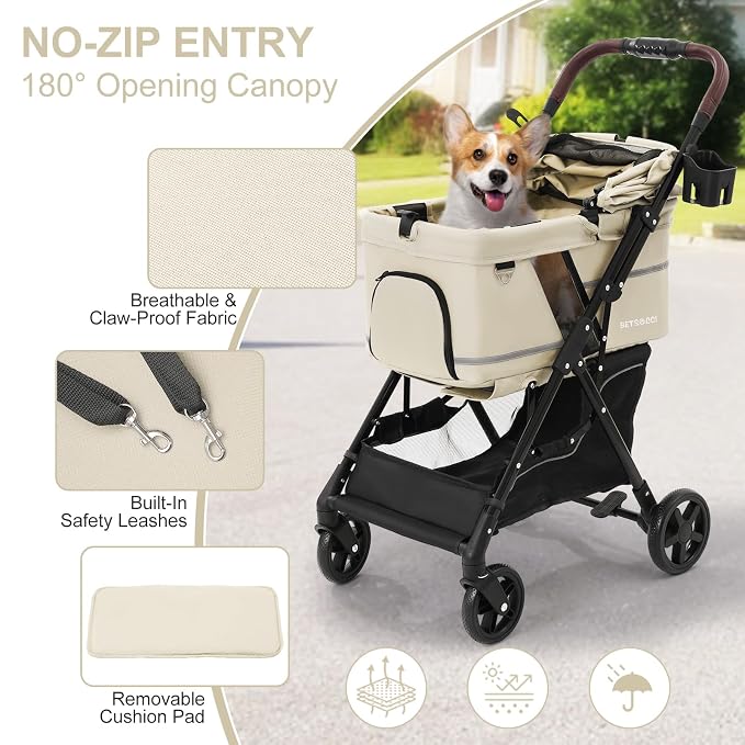 No-Zip Pet Stroller for Small Dogs & Cats, 44 lb, White | No-Zip Canopy, 44 lb Capacity, Reflective Trim, 2 Tethers, Lockable Front Wheels, Rear Brake and One-Hand Fold