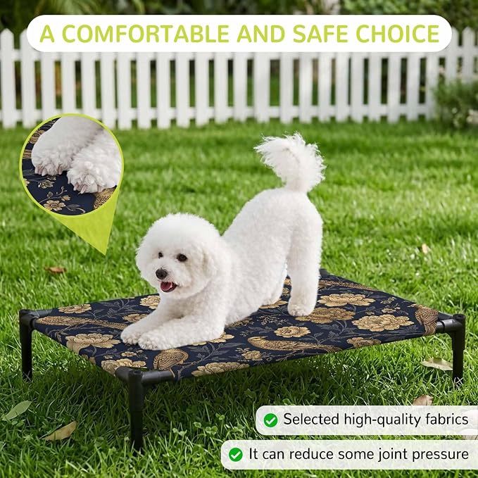 Outdoor Elevated Dog Bed for Large Dogs, Vintage Flowers Breathable Cooling Raised Dog Cot for Indoor/Outdoor, Birds on Branch Floral Elegant Plants Waterproof Elevated Pet Beds, L 28 x 22 in