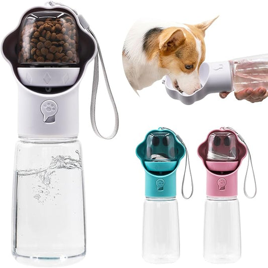 Dog Water Bottle with Food Container, Portable Pet Dispenser, Leak Proof, Hiking, Puppy Travel, Outdoor Activities(18.6 fl.oz/550ml, White)