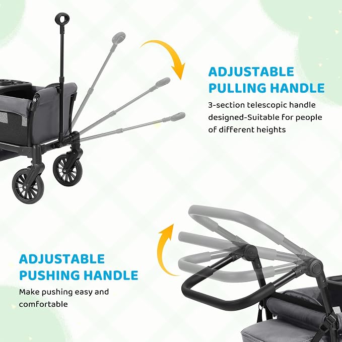 ELEMARA Foldable Wagon Stroller, Stroller Wagon for 2 Kids, Premium All Terrain Wagon for Kids with Removable Canopy, Adjustable Push/Pull Handle, Harnesses, Large Storage Bag, Gray