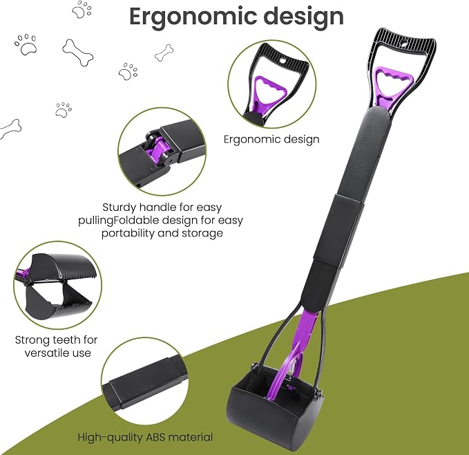 32in Dog Pooper Scooper with Bag Attachment, Foldable Long Handle | Thickened ABS dog scooper for large dogs. Features curved grip, jagged teeth, 120 bags, clip & extra 2x springs/buckles.