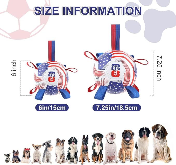 Dog Toys Balls, Dog Soccer Ball with Straps, Dog Birthday Gifts, Durable Balls for Small Medium Pet, Puppy Outdoor Toy, Pet Training Soccer Ball, World Cup Soccer (7.25 Inch) (U.S.A, Large)